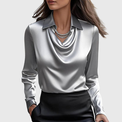 Sylvie | Blouse with Luxurious Shine and Pleated Neckline