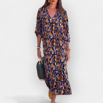 Milada – Retro V-Neck Dress with Colorful Print