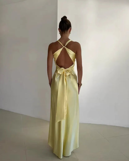 Rosalyn - V-Neck Satin Bow Backless Maxi Dress